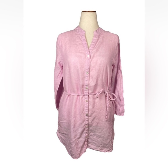 Joie Dresses & Skirts - Joie Linen V-neck Button Up Midi Shirt Dress Women’s Size large Pink Belt